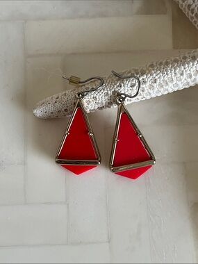 Red Geometric Triangle Drop Earrings with Gold-Tone Frame
